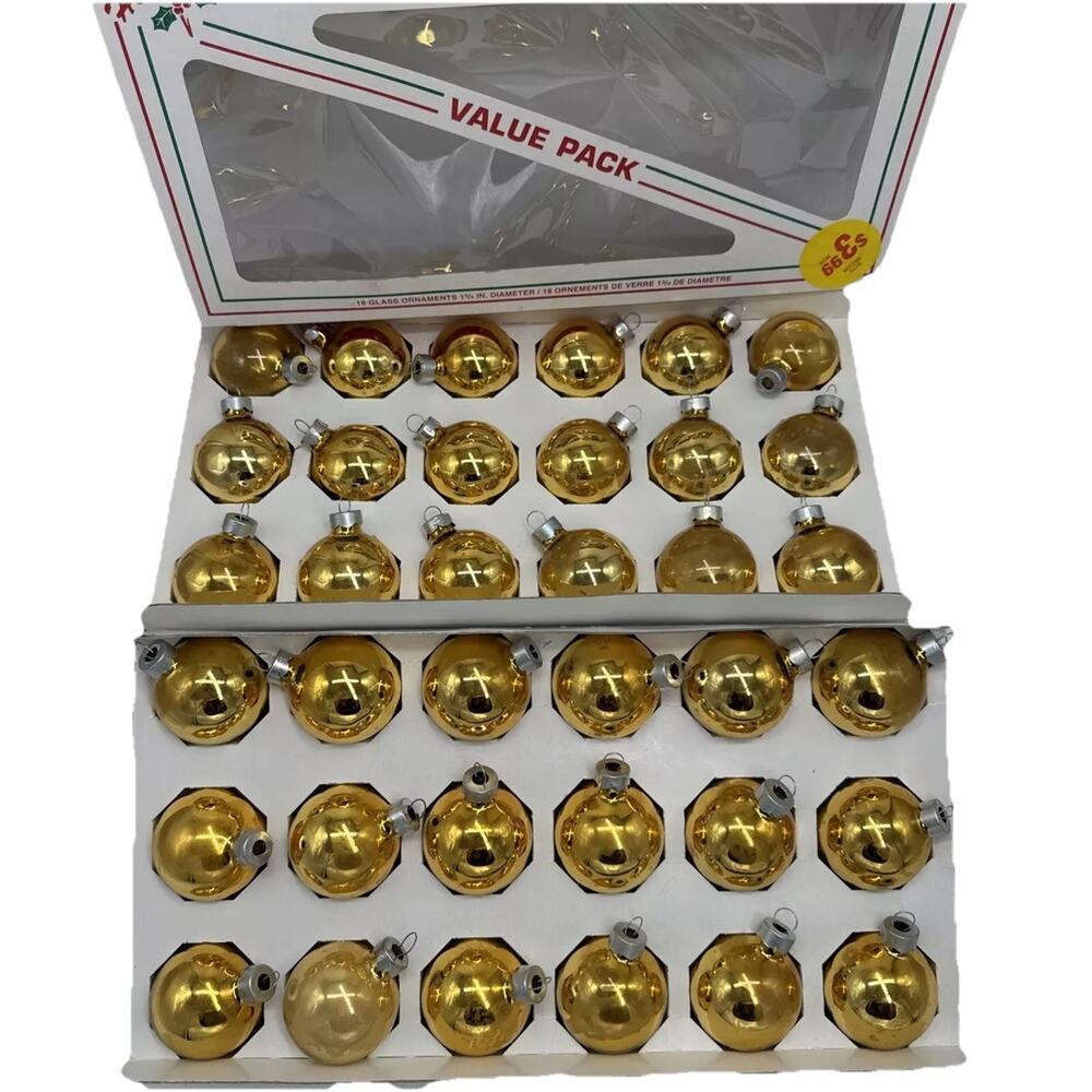36 Vintage Holly Decorations Metallic Gold Glass Ball‎ Ornament 1.75" MadeInUSA
